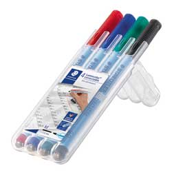 Pens for plastic and glass, erasable, pack of 4